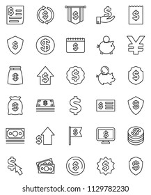 thin line vector icon set - exchange vector, dollar coin, piggy bank, investment, growth, receipt, medal, flag, shield, calendar, monitor, cursor, yen sign, money, cash, bag