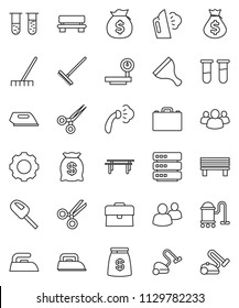 thin line vector icon set - scraper vector, vacuum cleaner, rake, iron, steaming, case, money bag, horizontal bar, big scales, group, vial, scissors, data, gear, bench
