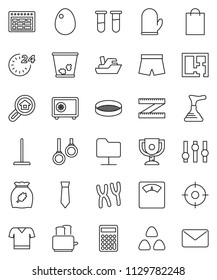 thin line vector icon set - plunger vector, mop, trash bin, cook glove, toaster, sieve, cereal, egg, schedule, award cup, calculator, tie, safe, measuring, scales, shorts, t shirt, gymnast rings