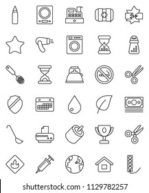 thin line vector icon set - water drop vector, kettle, skimmer, ladle, hand mill, award cup, scissors, leaf, punching bag, no smoking, first aid kit, earth, money, calendar, flammable, favorites