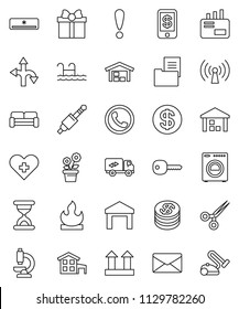 thin line vector icon set - route vector, attention, top sign, warehouse, flammable, jack, heart cross, scissors, sand clock, microscope, mail, key, cottage, pool, barn, estate document, washer