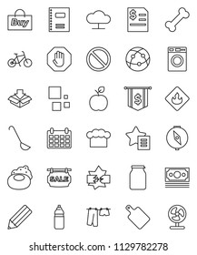 thin line vector icon set - soap vector, drying clothes, washer, cook hat, ladle, cutting board, jar, copybook, pencil, apple fruit, compass, annual report, dollar flag, calendar, bike, water bottle