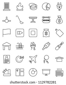 thin line vector icon set - window cleaning vector, ladle, cutting board, bbq, personal information, flag, pie graph, money bag, presentation, jump rope, pool, hoop, plane, dry cargo, warehouse