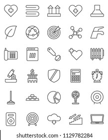 thin line vector icon set - water tap vector, mop, towel, ladle, microscope, calculator, alarm clock, leaf, pie graph, bank building, target, gold ingot, stairways run, heart cross, phone, top sign