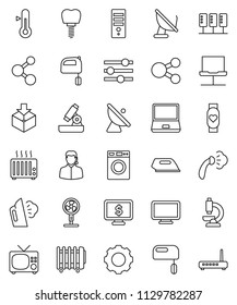 thin line vector icon set - steaming vector, washer, mixer, thermometer, microscope, monitor dollar, molecule, heart, package, satellite antenna, notebook pc, tooth implant, server, network, gear