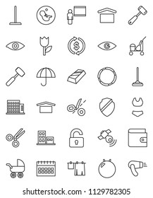 thin line vector icon set - cleaner trolley vector, mop, drying clothes, meat hammer, blackboard, exchange, gold ingot, wallet, calendar, fitball, swimsuite, hoop, umbrella, dry cargo, tulip, eye