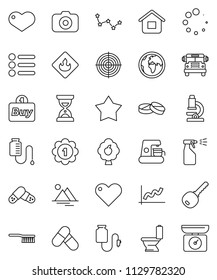 thin line vector icon set - fetlock vector, toilet, sprayer, microscope, school bus, constellation, graph, sand clock, target, medal, pills, earth, flammable, camera, heart, drop counter, loading