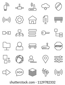 thin line vector icon set - connect vector, connection, network folder, big data, gear, equalizer, menu, shield, usb modem, router, home, message, bench, arrow, cloud upload, loading, hierarchy, key