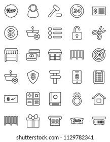thin line vector icon set - receipt vector, gift, credit card, dollar coin, sale, new, 24 hour, market, support, target, barcode, basket, home, shopping list, calculator, auction, catalog, unlock
