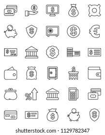 thin line vector icon set - school building vector, bank, credit card, wallet, percent growth, money bag, piggy, investment, check, receipt, dollar medal, safe, monitor, any currency, euro sign