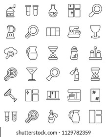 thin line vector icon set - scraper vector, window cleaning, shining, hand mill, spices, jug, flask, glass, vial, magnifier, sand clock, potion, cloud, search estate, coffee maker, blender