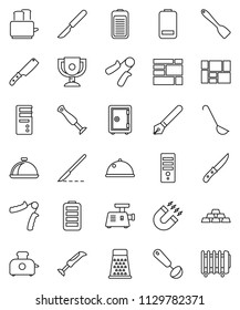 thin line vector icon set - spatula vector, ladle, knife, grater, toaster, dish, pen, award cup, magnet, safe, gold ingot, hand trainer, consolidated cargo, battery, scalpel, meat grinder, blender