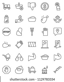 thin line vector icon set - soap vector, foam basin, rubber glove, house hold, hand mill, chicken leg, dollar coin, investment, muscule, boxing, traking, cargo, touchscreen, finger down, crutches