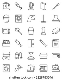 thin line vector icon set - water tap vector, vacuum cleaner, mop, bucket, sponge, car fetlock, washing powder, kettle, microwave oven, double boiler, blender, fridge, washer, dishwasher, hood