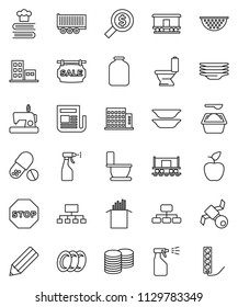 thin line vector icon set - toilet vector, washing powder, sprayer, plates, colander, cookbook, jar, pasta, pencil, apple fruit, coin stack, money search, hierarchy, pills, Railway carriage, stop