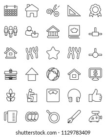 thin line vector icon set - plates vector, pan, measuring cup, cookbook, pen, university, corner ruler, student, medal, man, arrow up, monitor dollar, scales, calendar, cereals, headphones, finger