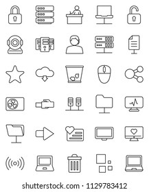 thin line vector icon set - trash bin vector, student, notebook pc, heart monitor, support, favorites, diagnostic, server, network, folder, big data, lan connector, share, arrow, cloud download