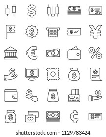 thin line vector icon set - certificate vector, bank, japanese candle, credit card, wallet, cash, money bag, investment, check, dollar medal, flag, monitor, cursor, any currency, euro sign, yen