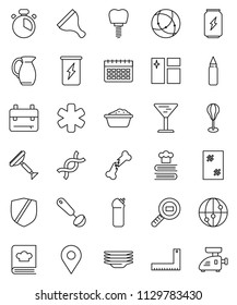 thin line vector icon set - scraper vector, window cleaning, foam basin, agent, plates, cook timer, ladle, cookbook, jug, corner ruler, backpack, punching bag, enegry drink, calendar, glass, dna