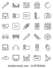 thin line vector icon set - pen vector, notebook pc, music hit, camera, antenna, equalizer, remote control, headphones, play button, forward, browser, lan connector, bench, loading, calculator, web