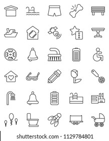 thin line vector icon set - fetlock vector, toilet, skimmer, pencil, glasses, bell, shorts, shuttlecock, ship, truck trailer, dry cargo, tulip, film spool, satellitie, battery, disabled, broken bone