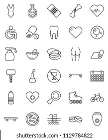 thin line vector icon set - liquid soap vector, heart pulse, bike, buttocks, swimsuite, roller Skates, skateboard, pills, water bottle, calendar, fitness mat, pool, no alcohol sign, hoop, disabled