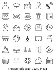 thin line vector icon set - steaming vector, washer, mixer, atom, magnet, laptop graph, earth, phone, support, radio, antenna, gamepad, equalizer, tv, server, notebook network, cloud, hub, router