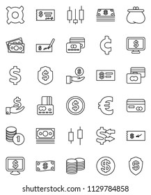 thin line vector icon set - exchange vector, dollar coin, japanese candle, credit card, investment, stack, check, shield, monitor, any currency, euro sign, cent, money, wallet, cash