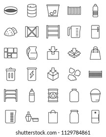 thin line vector icon set - bucket vector, trash bin, garbage pile, measuring cup, jug, sieve, jar, enegry drink, water bottle, sea container, port, wood box, consolidated cargo, package, oil barrel