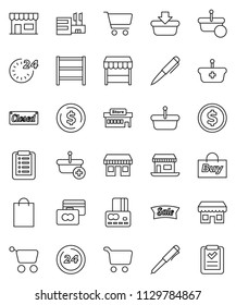 thin line vector icon set - pen vector, dollar coin, cart, credit card, office, shelving, sale, closed, 24 hour, shopping bag, market, store, mall, buy, basket, list