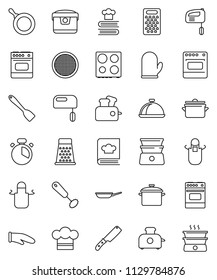thin line vector icon set - pan vector, cook hat, apron, glove, timer, whisk, spatula, knife, grater, oven, double boiler, cookbook, sieve, dish, mixer, multi cooker, toaster