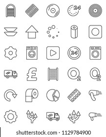 thin line vector icon set - washboard vector, toilet paper, plates, pie graph, arrow up, pound, oxygen, disk, play button, rec, pills blister, gear, redo, loading, route, relocation truck, 24 hour