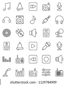 thin line vector icon set - bell vector, music, disk, hit, microphone, radio, speaker, equalizer, headphones, play button, forward, backward, rec, jack