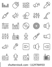 thin line vector icon set - disk vector, microphone, radio, speaker, loudspeaker, settings, equalizer, forward button, backward, rca, jack
