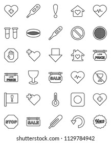thin line vector icon set - sieve vector, arrow down, heart pulse, prohibition sign, no alcohol, cross, attention, glass, rec button, thermometer, vial, undo, stop, sale signboard, low price, new