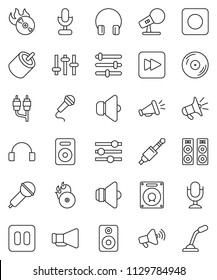 thin line vector icon set - disk vector, music hit, microphone, speaker, loudspeaker, settings, headphones, pause button, forward, rec, rca, jack, equalizer