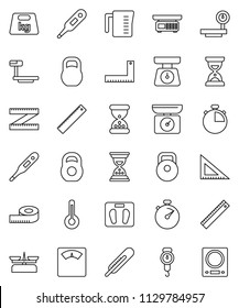 thin line vector icon set - measuring cup vector, scales, corner ruler, sand clock, stopwatch, weight, big, thermometer, store, kitchen