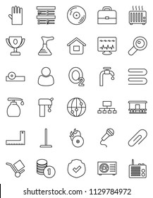 thin line vector icon set - plunger vector, mop, towel, liquid soap, rubber glove, corner ruler, case, award cup, exam, coin stack, hierarchy, oxygen, cargo, protected, Railway carriage, disk, home