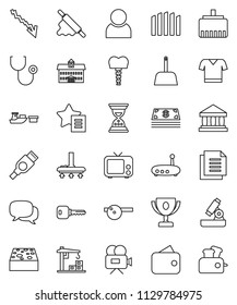 thin line vector icon set - vacuum cleaner vector, scoop, sponge, rolling pin, university, microscope, award cup, bank, crisis, sand clock, t shirt, port, document, tv, video camera, dialog, hdmi