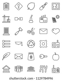 thin line vector icon set - meat hammer vector, graduate hat, pen, leaf, university, any currency, diet, clipboard, radio, internet, heart, jack, flask, chromosomes, server, menu, mail, connection