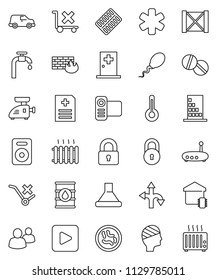 thin line vector icon set - route vector, car, wood box, no trolley, oil barrel, video camera, speaker, group, play button, ambulance star, thermometer, pills, blister, microbs, anamnesis, sperm