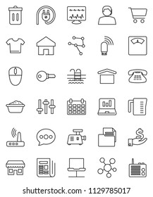 thin line vector icon set - trash bin vector, foam basin, measuring cup, cart, laptop graph, investment, calendar, scales, pool, support, document, dry cargo, newspaper, settings, classic phone