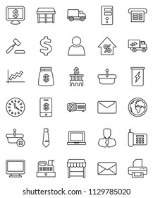thin line vector icon set - notebook pc vector, graph, percent growth, manager, bank building, tie, monitor dollar, sign, enegry drink, earth, phone, delivery, clock, server, mail, user, money bag