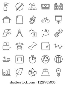 thin line vector icon set - water tap vector, splotch, sprayer, pan, kettle, cutting board, toaster, drawing compass, presentation, leaf, constellation, graph, wallet, cash, calendar, stopwatch