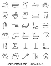 thin line vector icon set - soap vector, water tap, fetlock, mop, sponge, car, bath, toilet brush, liquid, paper, shower, sink, tooth, epilator