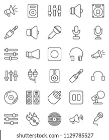 thin line vector icon set - disk vector, music hit, microphone, speaker, loudspeaker, settings, headphones, pause button, rec, rca, jack, equalizer