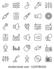 thin line vector icon set - music vector, disk, microphone, radio, speaker, loudspeaker, settings, equalizer, backward button, rca, jack