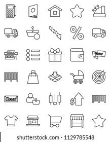 thin line vector icon set - japanese candle vector, wallet, crisis, dollar growth, office, barcode, gift, star, new, closed, shopping bag, percent, market, mall, customer, target, card reader, cart