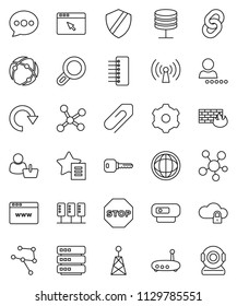 thin line vector icon set - world vector, antenna, social media, connection, network, server, cloud lock, big data, browser, gear, shield, firewall, hub, router, favorites, message, redo, chain, key