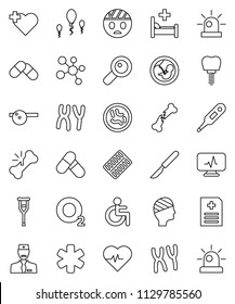 thin line vector icon set - heart pulse vector, pills, molecule, cross, oxygen, ambulance star, disabled, thermometer, magnifier, pregnancy, crutches, scalpel, broken bone, blister, eye doctor hat